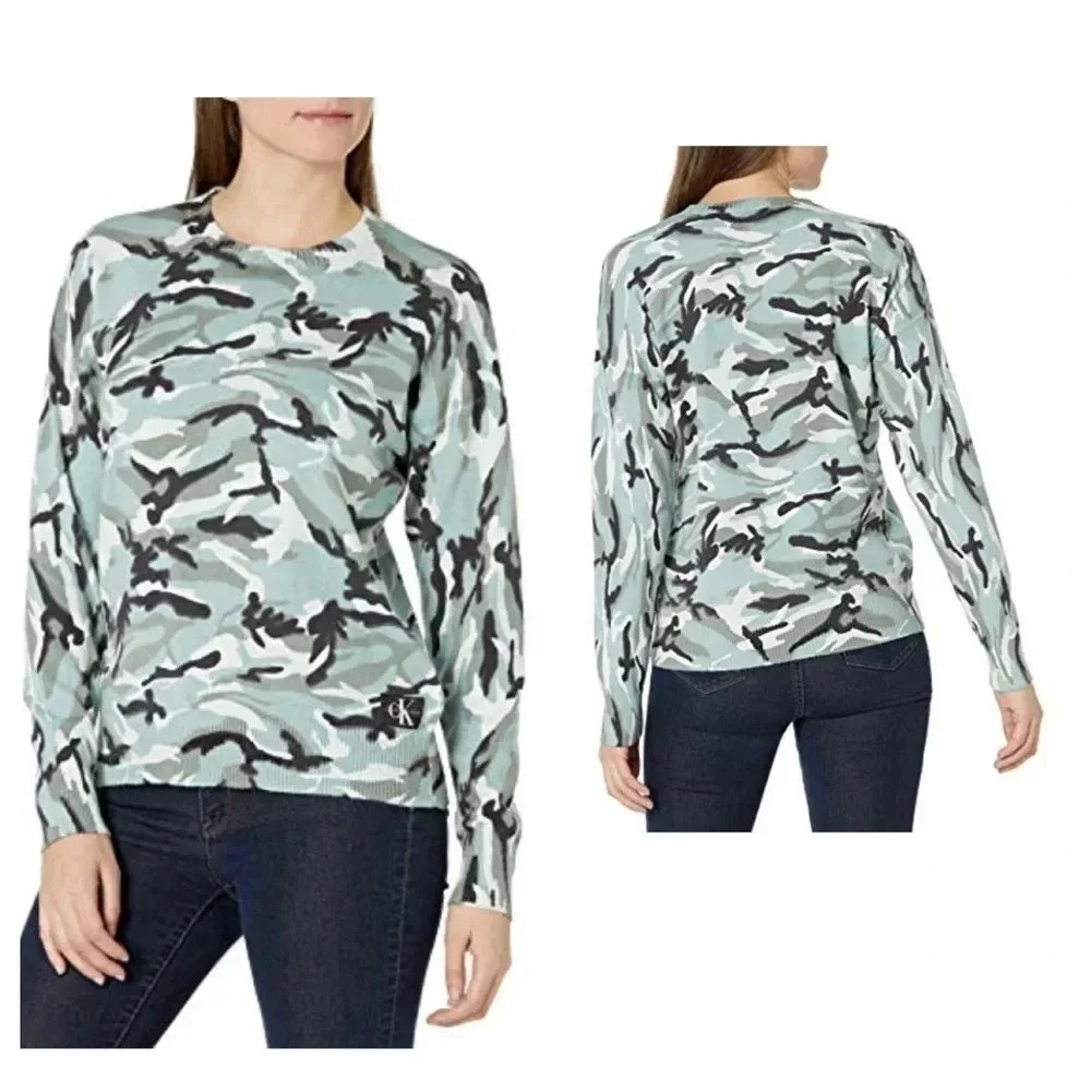 CALVIN KLEIN JEANS Camouflage Sweater Crewneck Green Combo Size M, Long-Sleeves